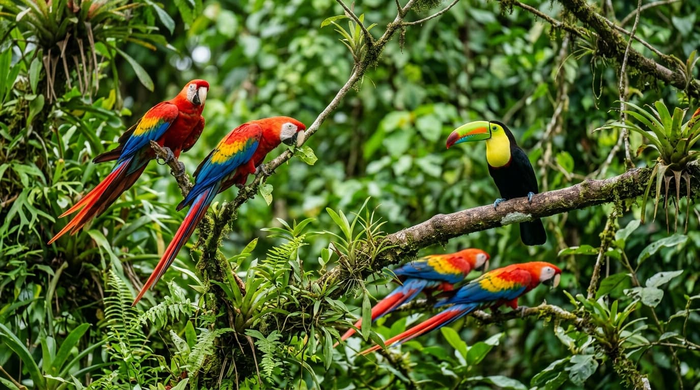 Lapas rojas en Parque Nacional Carara